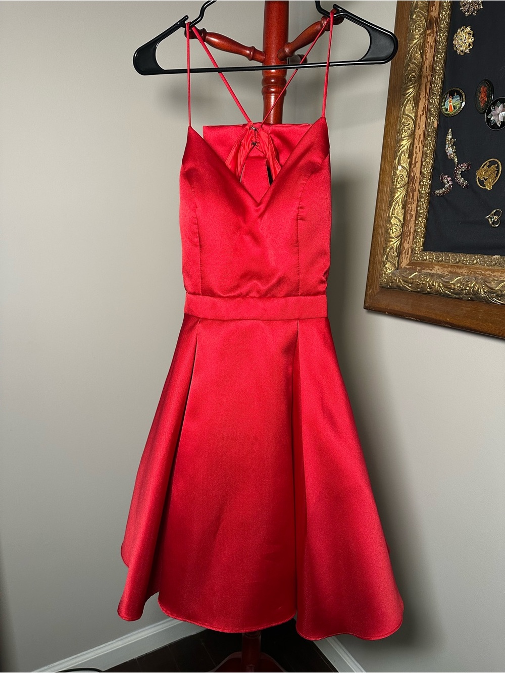 Xscape Red Satin A-Line Spaghetti Strap Prom Dress size 8